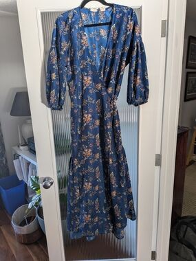 Levi's Blue Floral Wrap Maxi Dress with Puff Sleeves